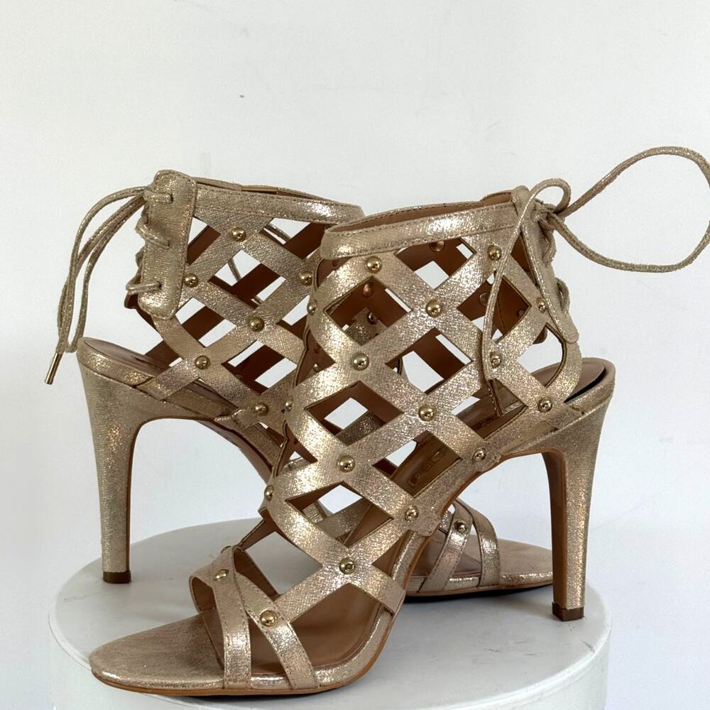 Studded Gold Shimmer Gladiator Sandals Peep Toe Heels Sz 8.5 Audrey Brooke Glam